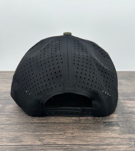 Back view of a green and brown deer hunting hat