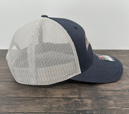 Side view of a denim navy embroidered fly fishing hat