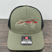 Embroidered fly on a green and black Richardson 115 fly fishing hat