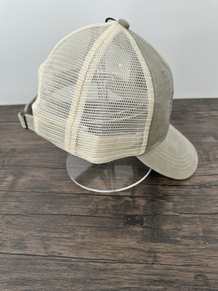 Beige coffee themed embroidered hat side view