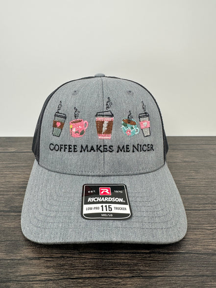 Charcoal gray and black Richardson 115 hat with coffee embroidery with Coffee makes me nicer embroidered on it