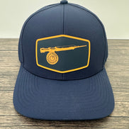 Navy Blue 6-panel hat with a fly fishing fly rod and reel patch
