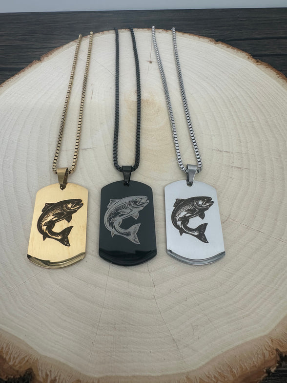 Engraved Trout on Dog Tag Necklace - Laser Engraved Stainless Steel