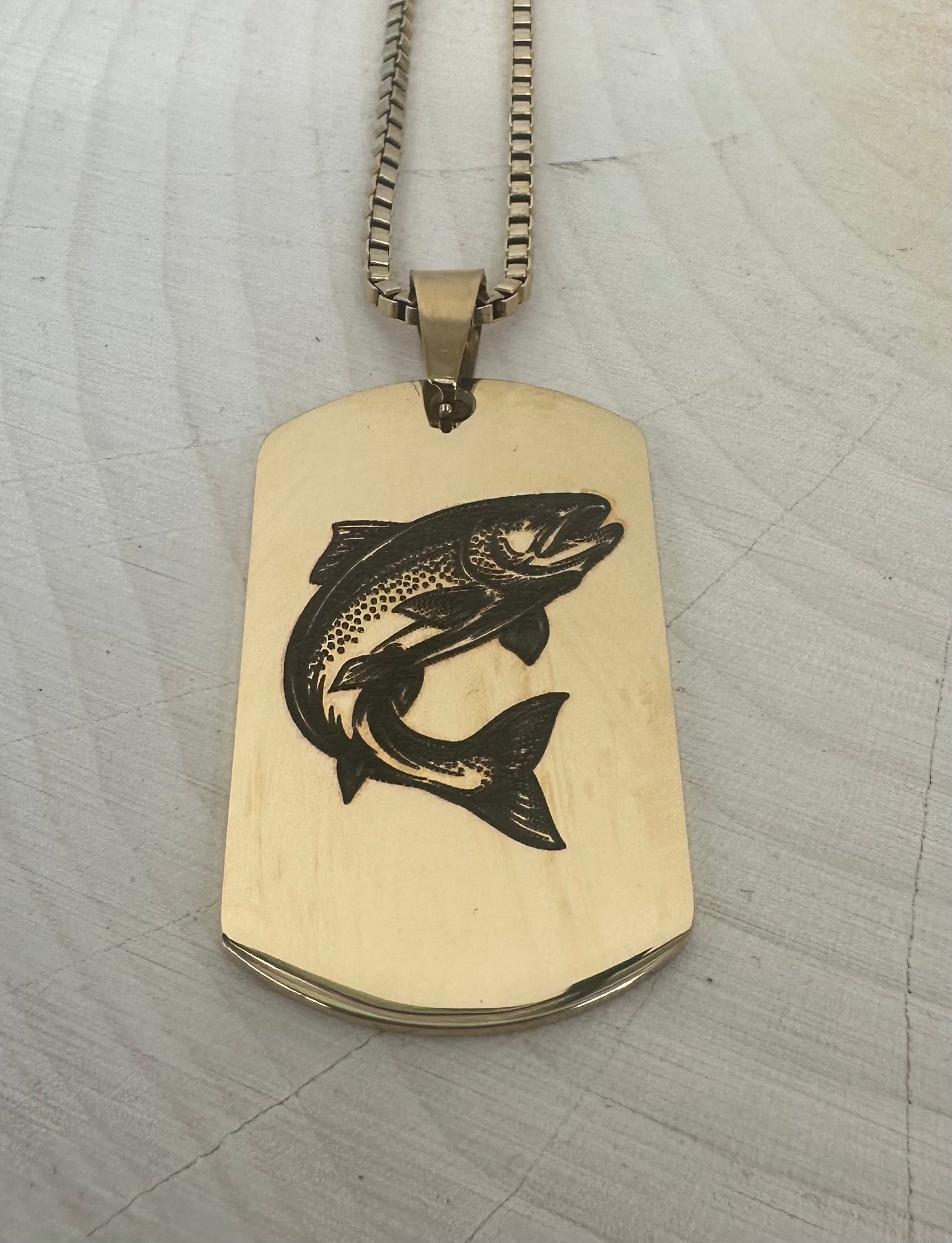 Engraved Trout on Dog Tag Necklace - Laser Engraved Stainless Steel