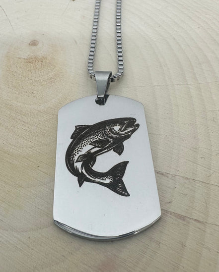 Engraved Trout on Dog Tag Necklace - Laser Engraved Stainless Steel