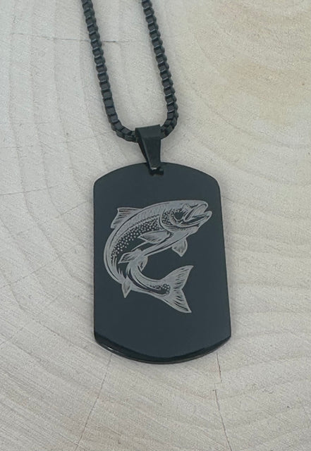 Engraved Trout on Dog Tag Necklace - Laser Engraved Stainless Steel