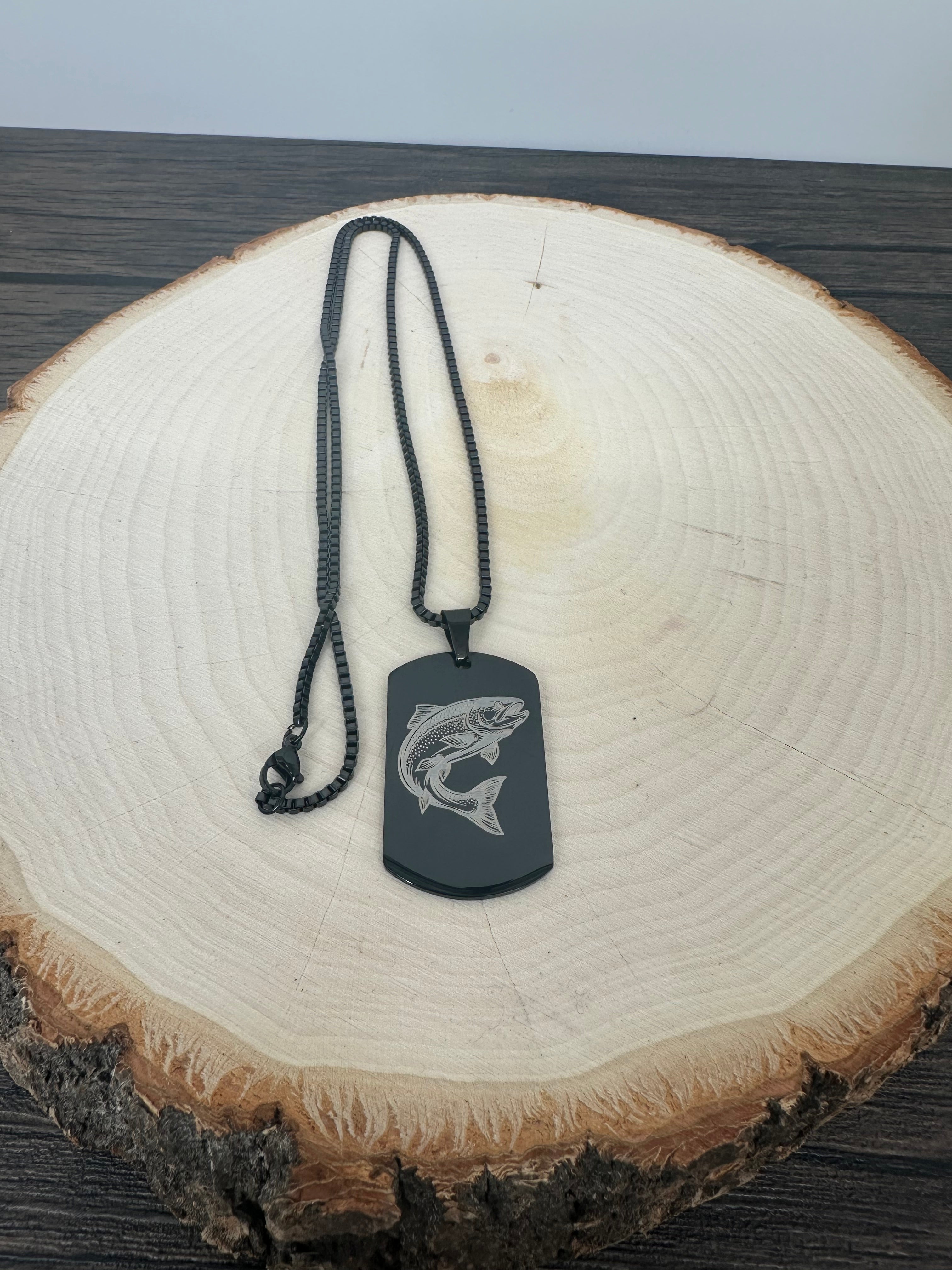 Engraved Trout on Dog Tag Necklace - Laser Engraved Stainless Steel