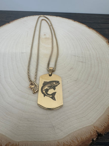 Engraved Trout on Dog Tag Necklace - Laser Engraved Stainless Steel