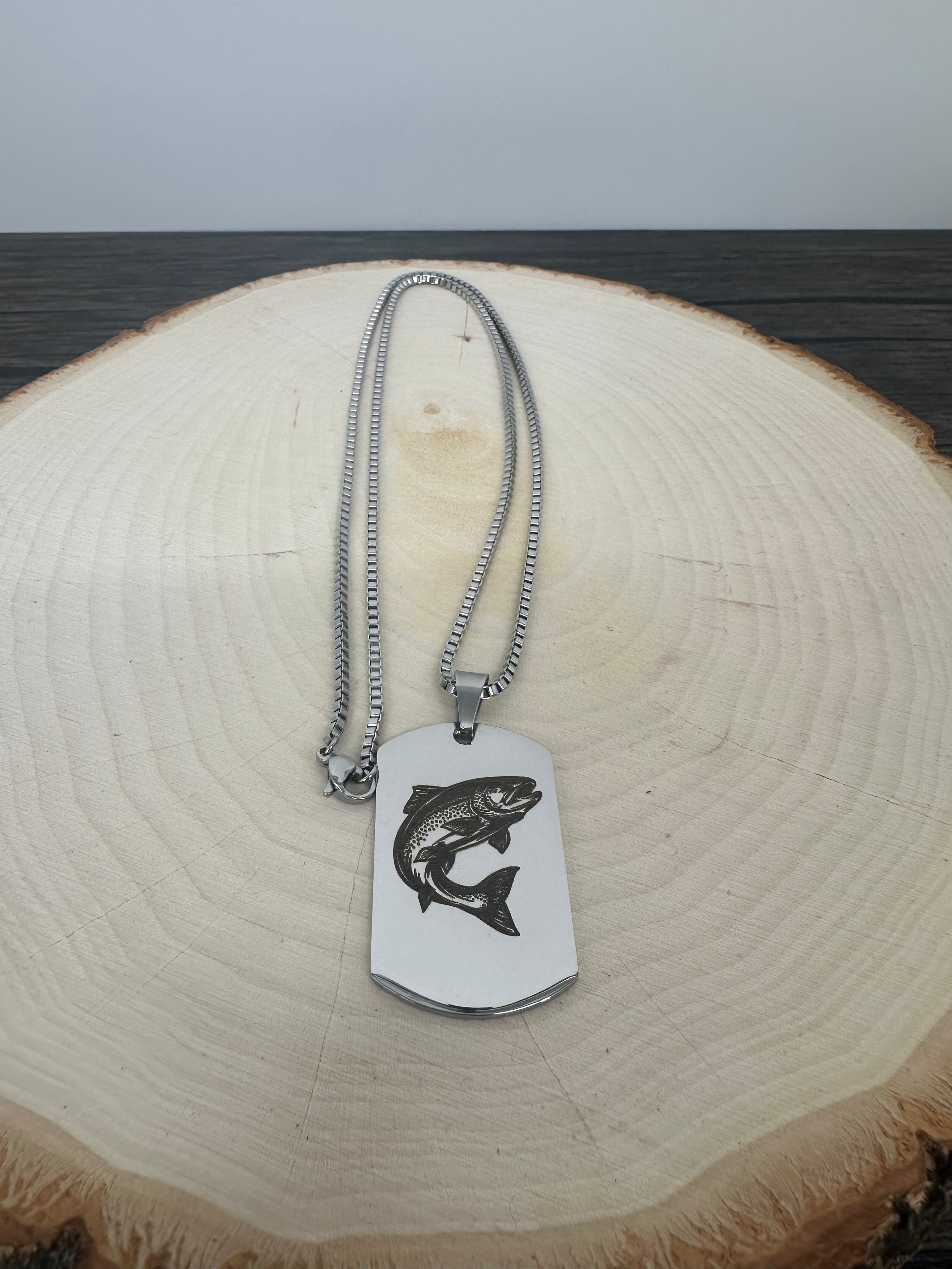 Engraved Trout on Dog Tag Necklace - Laser Engraved Stainless Steel