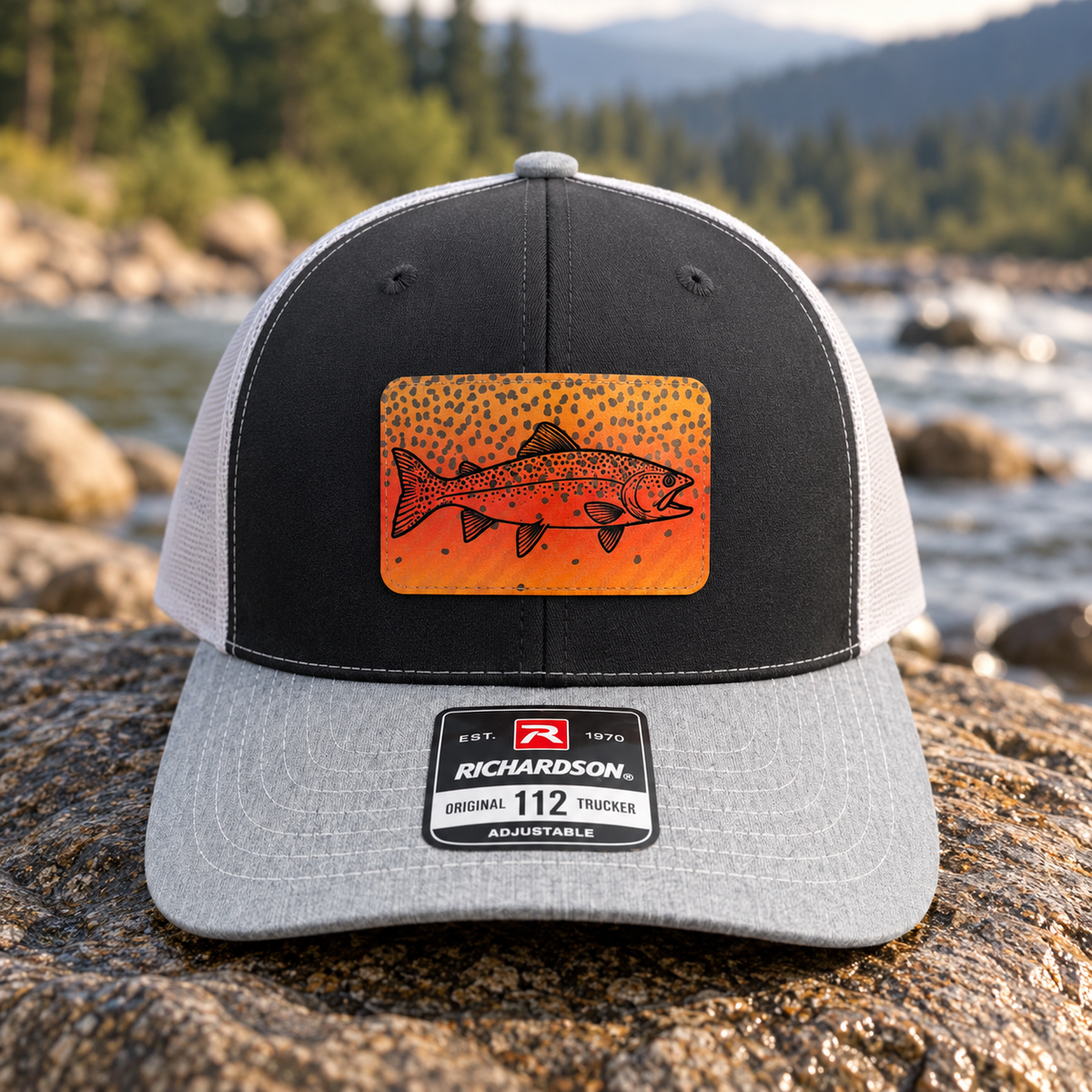 Cutthroat Trout Hat, Richardson 112 Trucker Cap, Engraved Trout Leatherette Patch, Fly Fishing Gift for Him, Angler Hat