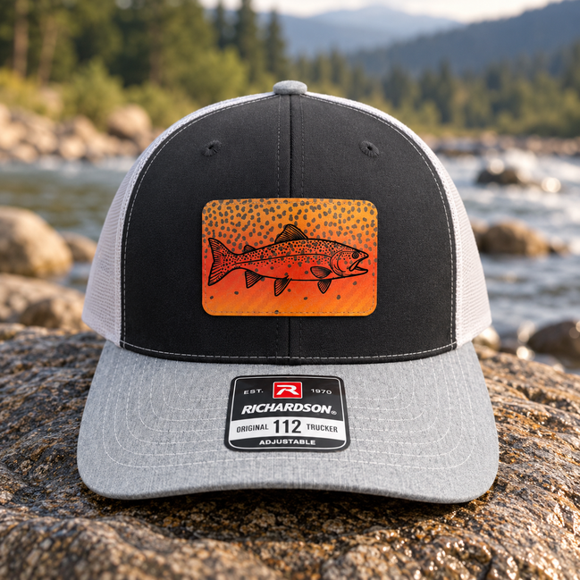 Cutthroat Trout Hat, Richardson 112 Trucker Cap, Engraved Trout Leatherette Patch, Fly Fishing Gift for Him, Angler Hat