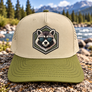 Raccoon Sunglasses Hat – Durra-Bull Sand/Olive Patch Trucker Cap