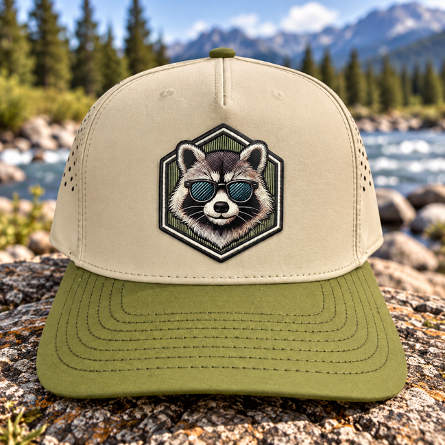 Raccoon Sunglasses Hat – Durra-Bull Sand/Olive Patch Trucker Cap