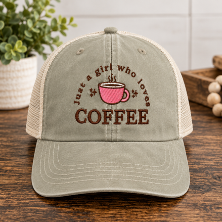 Just A Girl Who Loves Coffee Hat - Embroidered Trucker Cap