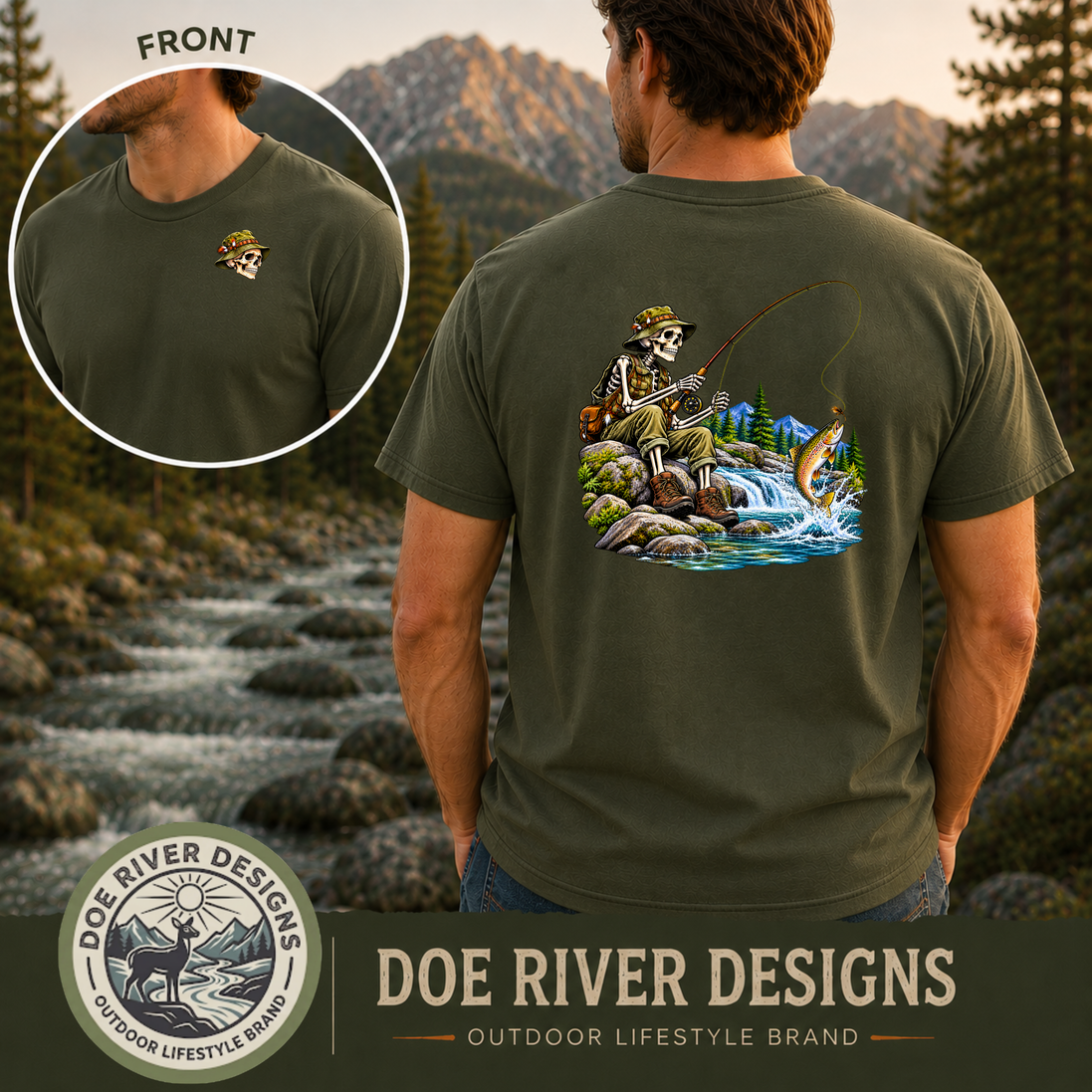 Skeleton Fly Fishing T-Shirt or Sweatshirt | Front & Back Graphic