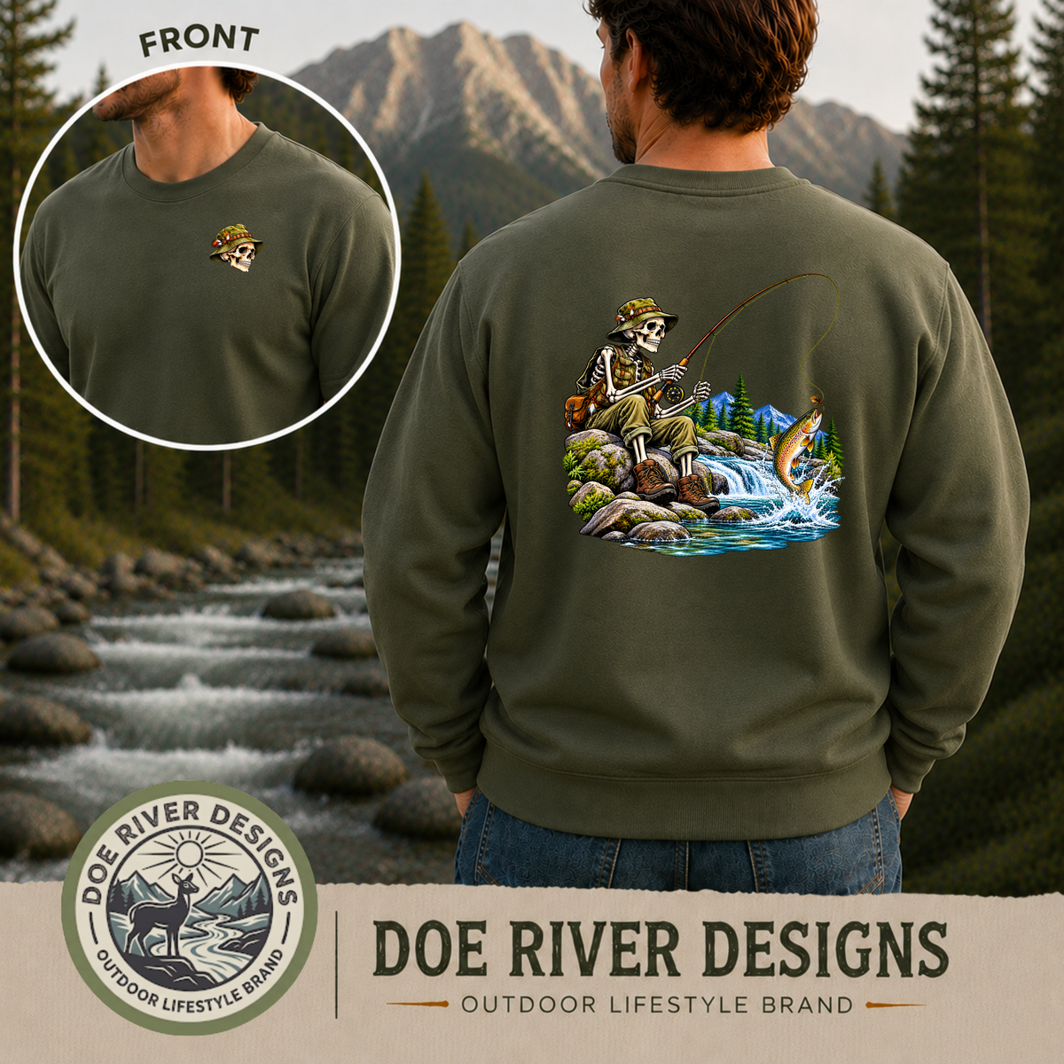 Skeleton Fly Fishing T-Shirt or Sweatshirt | Front & Back Graphic