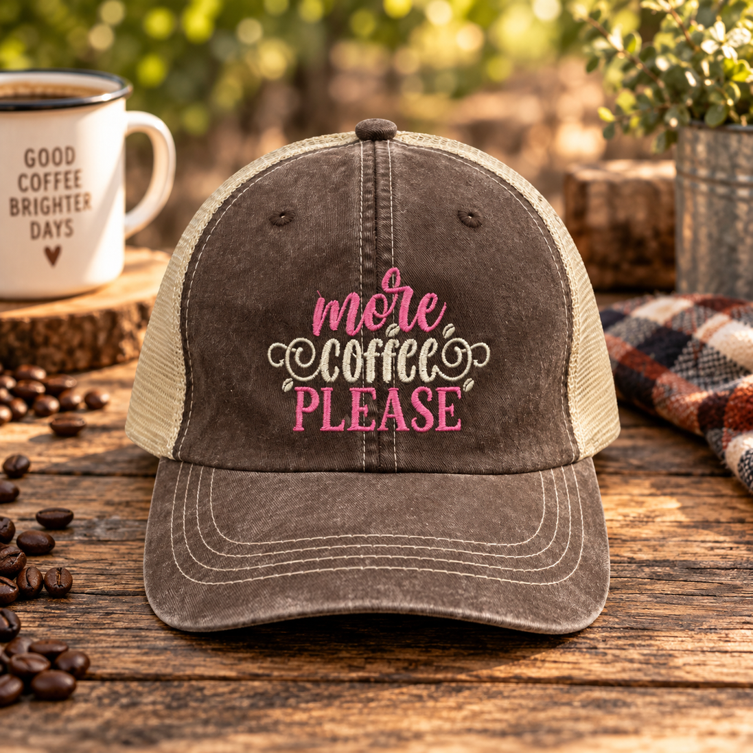 More Coffee Please Embroidered Coffee Hat for Women
