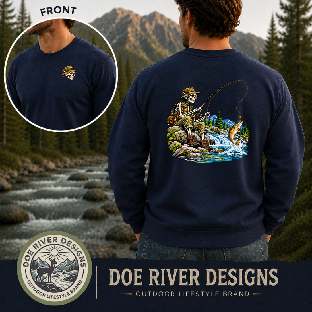 Skeleton Fly Fishing T-Shirt or Sweatshirt | Front & Back Graphic