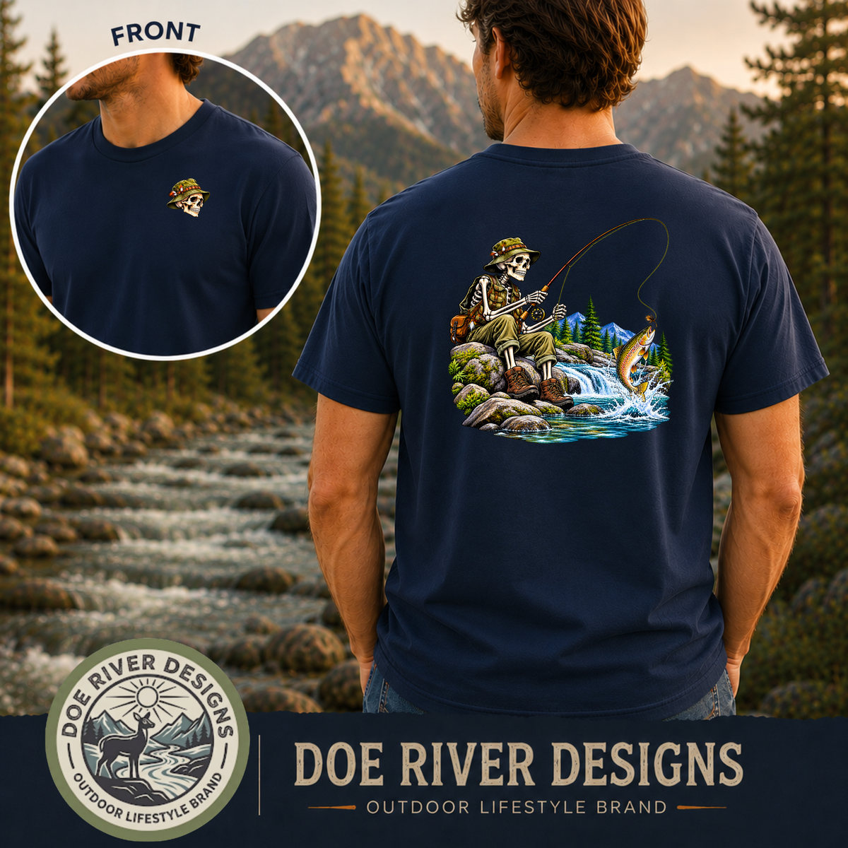 Skeleton Fly Fishing T-Shirt or Sweatshirt | Front & Back Graphic