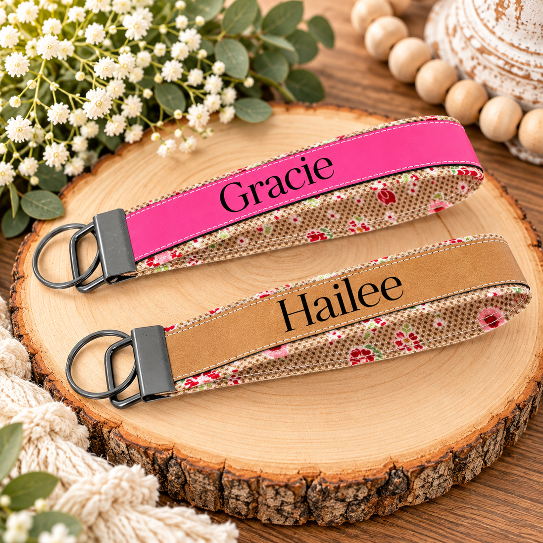 Personalized Floral Wristlet Keychain, Custom Name Laser Engraved Key Fob, Pink Flower Fabric Wrist Strap, Gift for Her