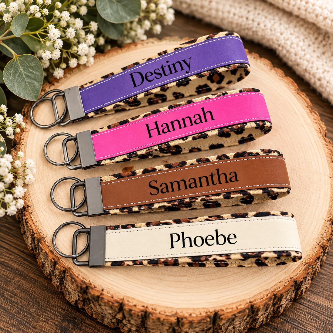 Personalized Leopard Print Wristlet Keychain, Leopard Key Fob, Custom Name Laser Engraved Leatherette Keychain, Gift for Her