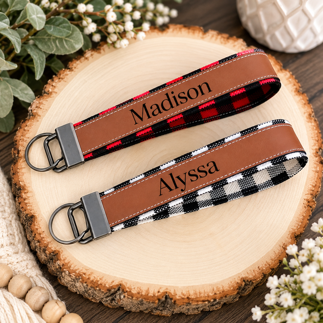 Personalized Buffalo Plaid Wristlet Keychain, Custom Name Laser Engraved Key Fob, Handmade Fabric Wrist Strap, Gift for Her