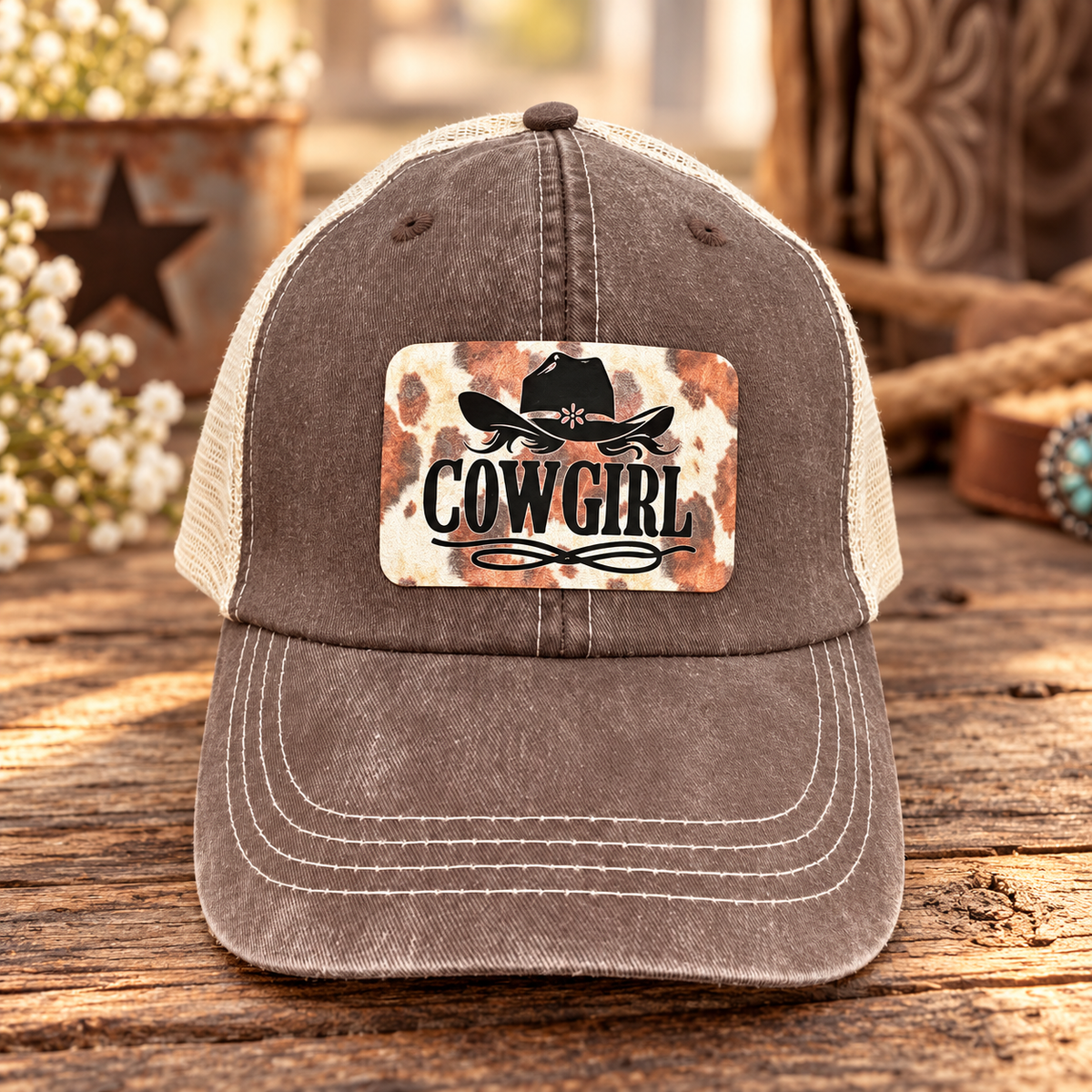 Cow Print Cowgirl Patch Trucker Hat