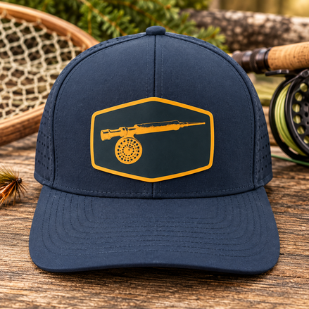 Fly Fishing Hat – Rod & Reel Silicone Patch, Navy/Caramel
