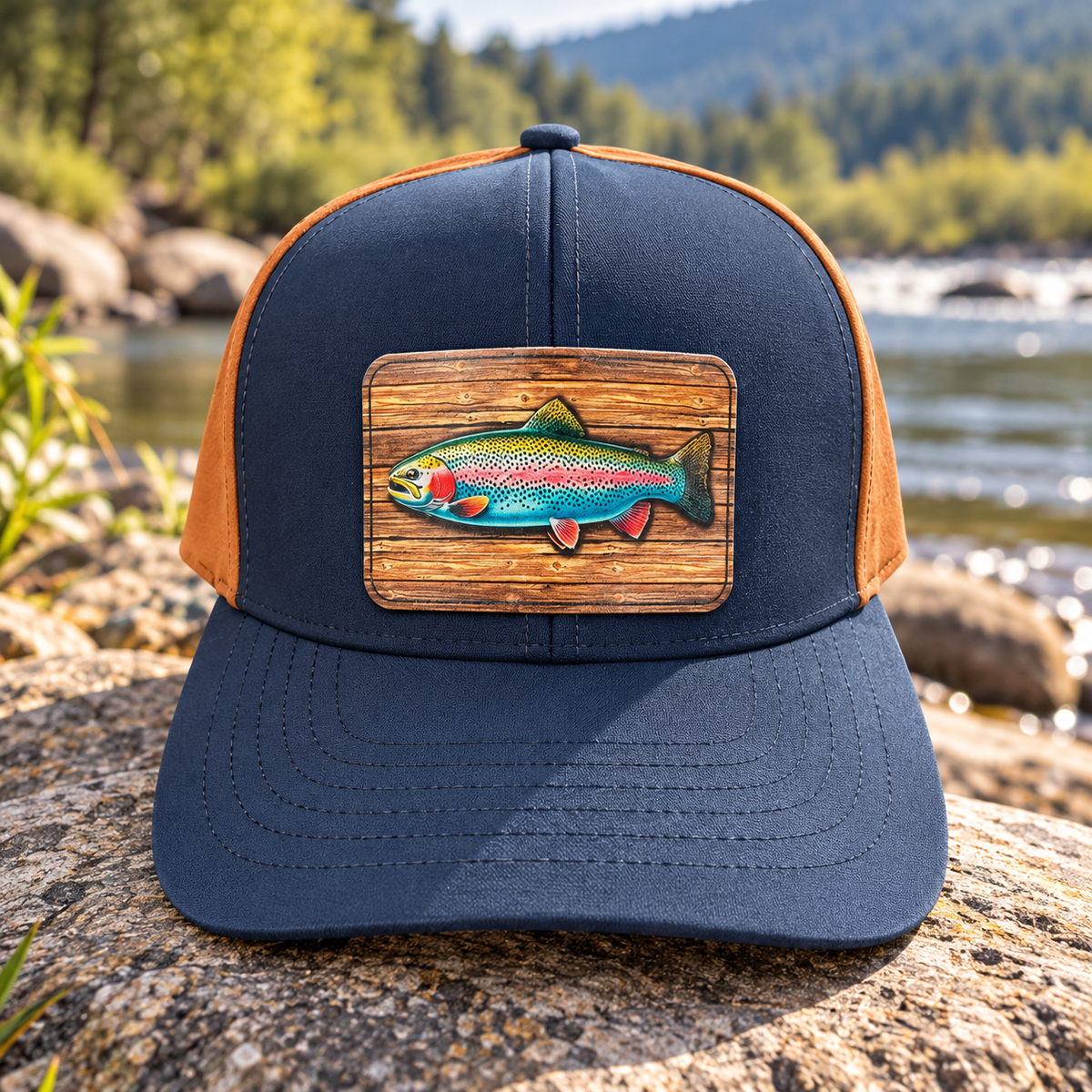 Trout Fishing Patch Hat – Durra-Bull Navy/Caramel Trucker Cap