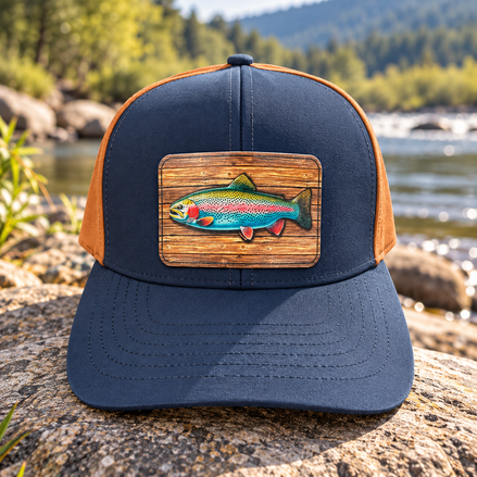Trout Fishing Patch Hat – Durra-Bull Navy/Caramel Trucker Cap