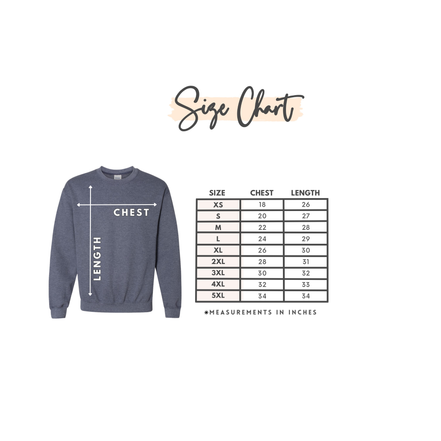 Size chart for a sweatshirt with measurements in inches on a white background