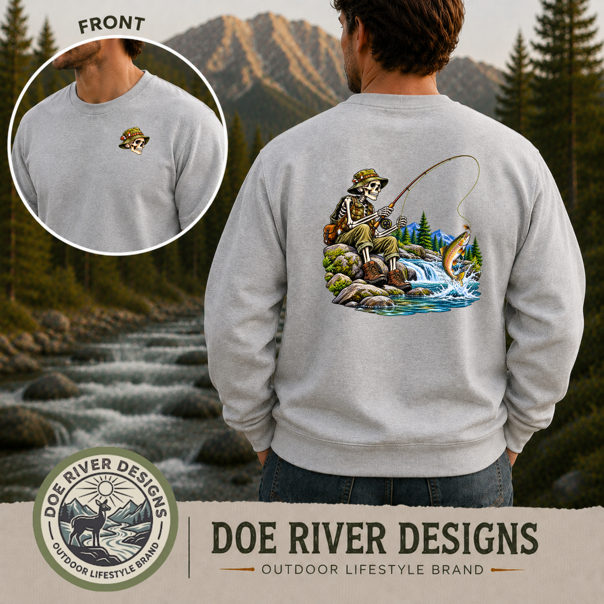 Skeleton Fly Fishing T-Shirt or Sweatshirt | Front & Back Graphic