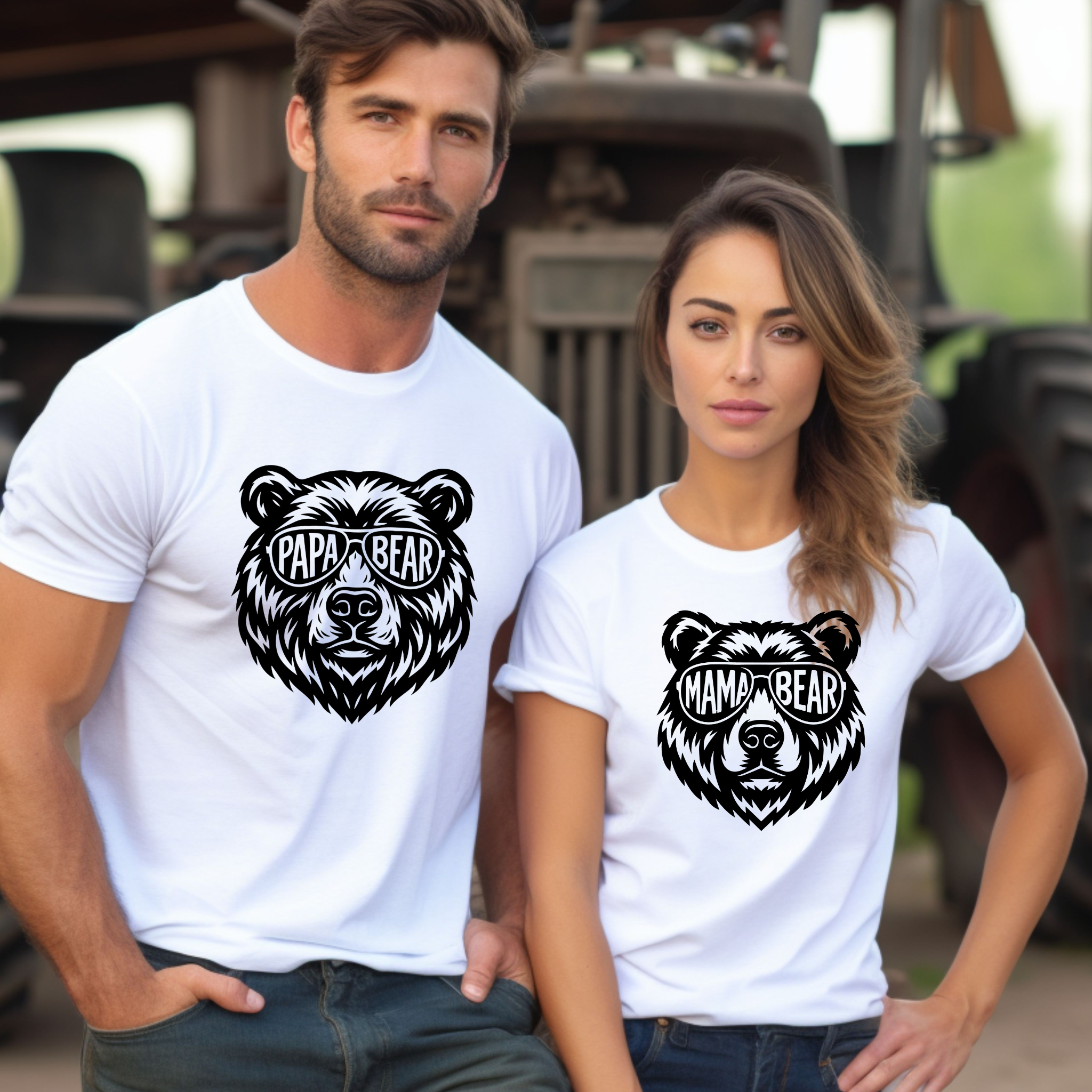 Man and woman wearing white t-shirts with mama bear and papa bear  graphics and text.
