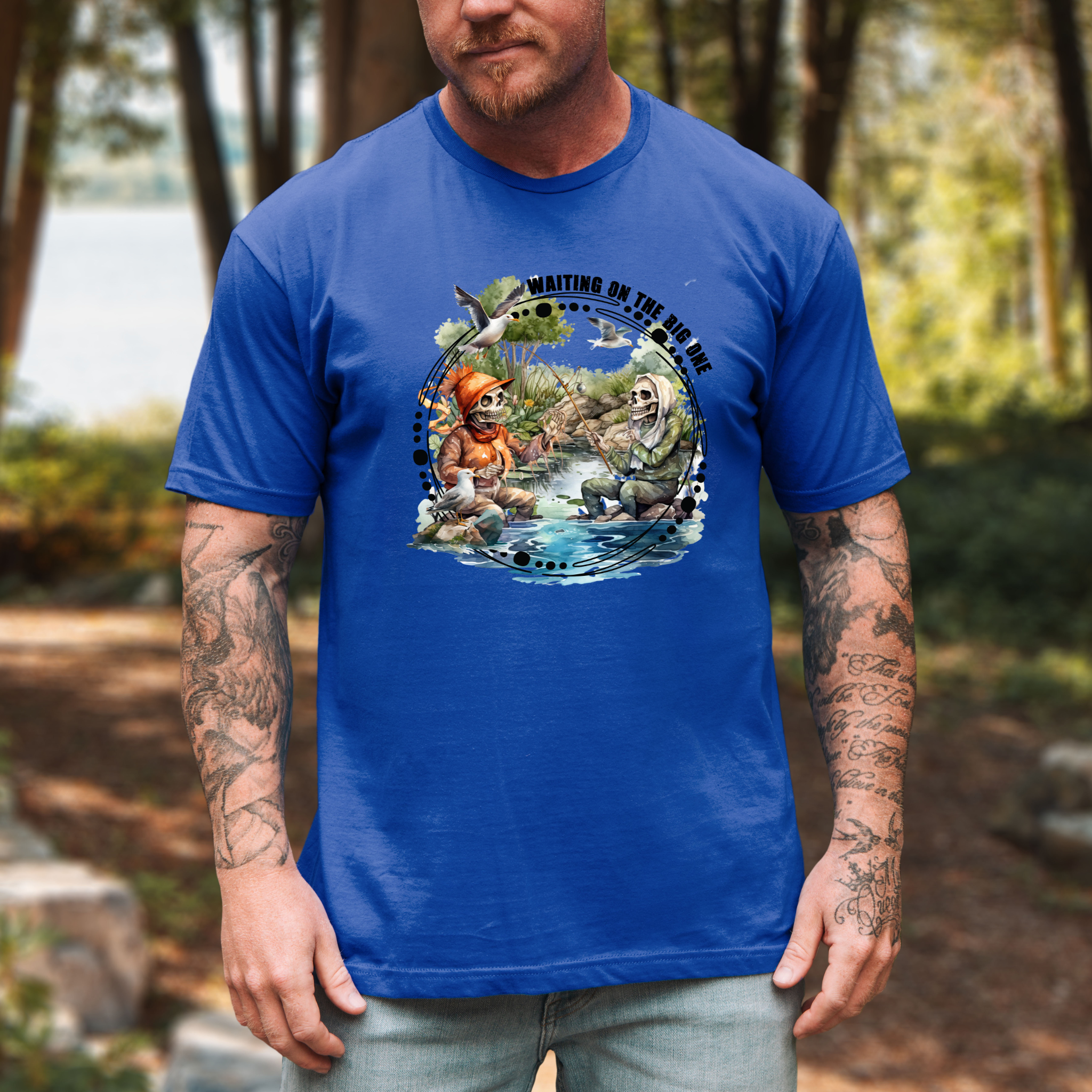 Waiting On The Big One Fishing T-Shirt | Funny Skeleton Fisherman Tee