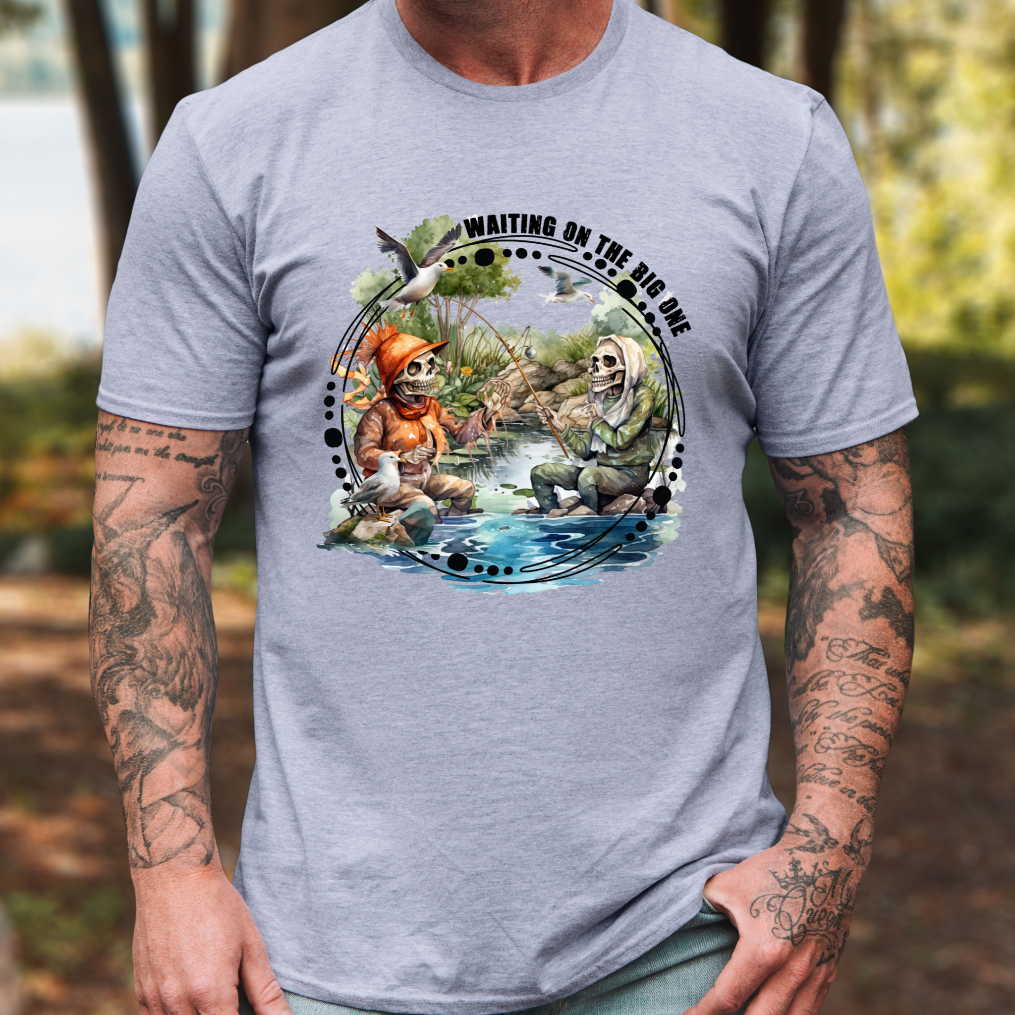 Waiting On The Big One Fishing T-Shirt | Funny Skeleton Fisherman Tee