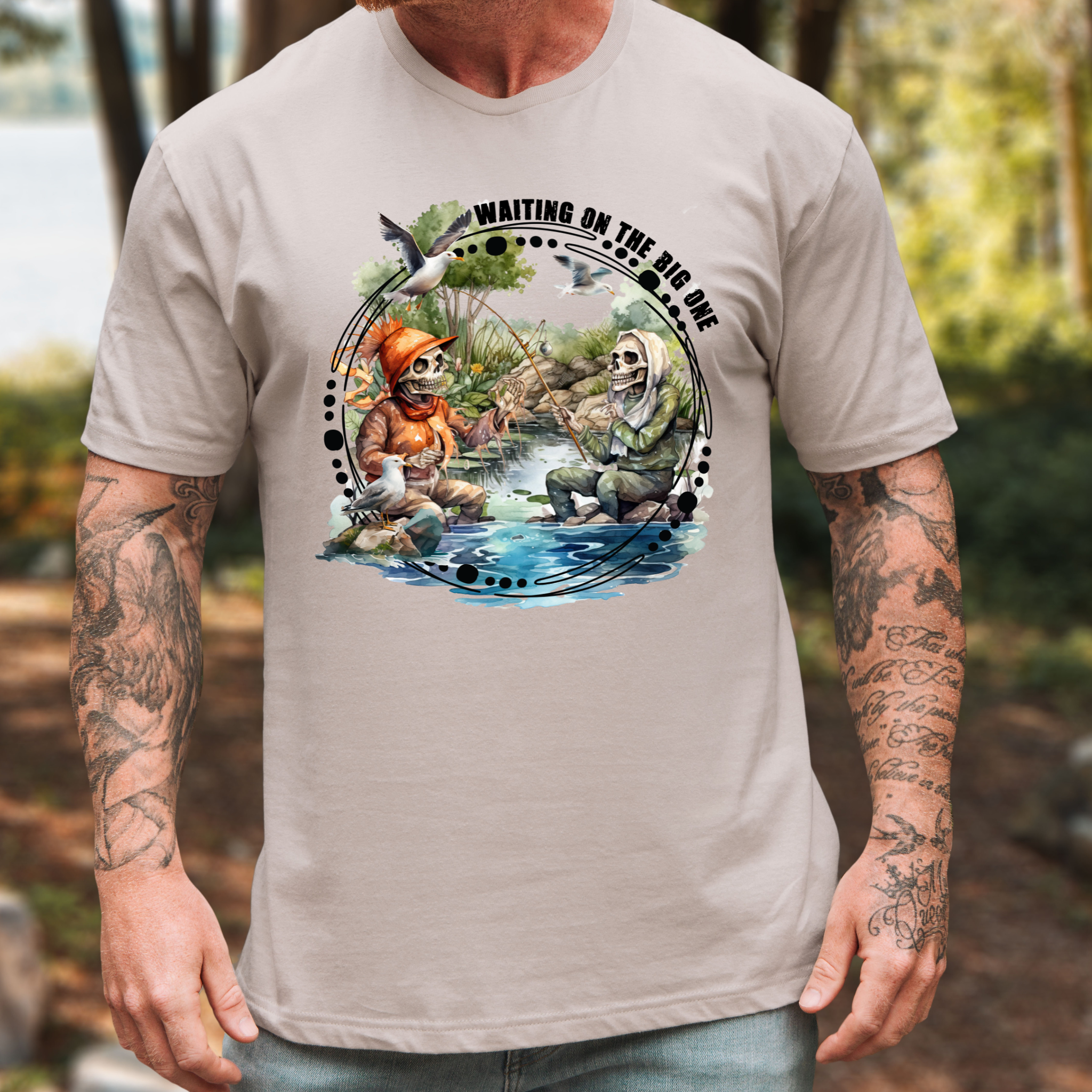 Waiting On The Big One Fishing T-Shirt | Funny Skeleton Fisherman Tee