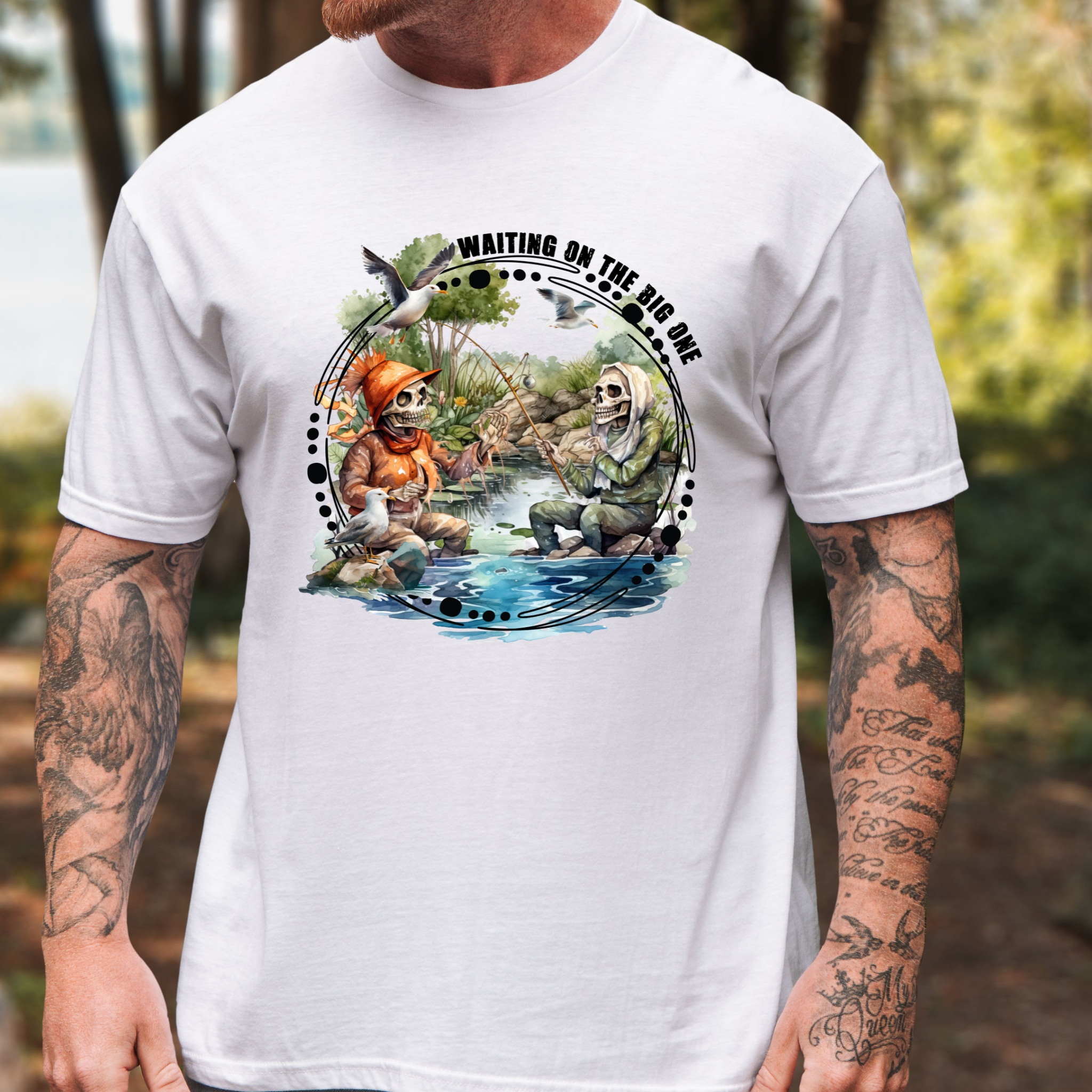 Waiting On The Big One Fishing T-Shirt | Funny Skeleton Fisherman Tee