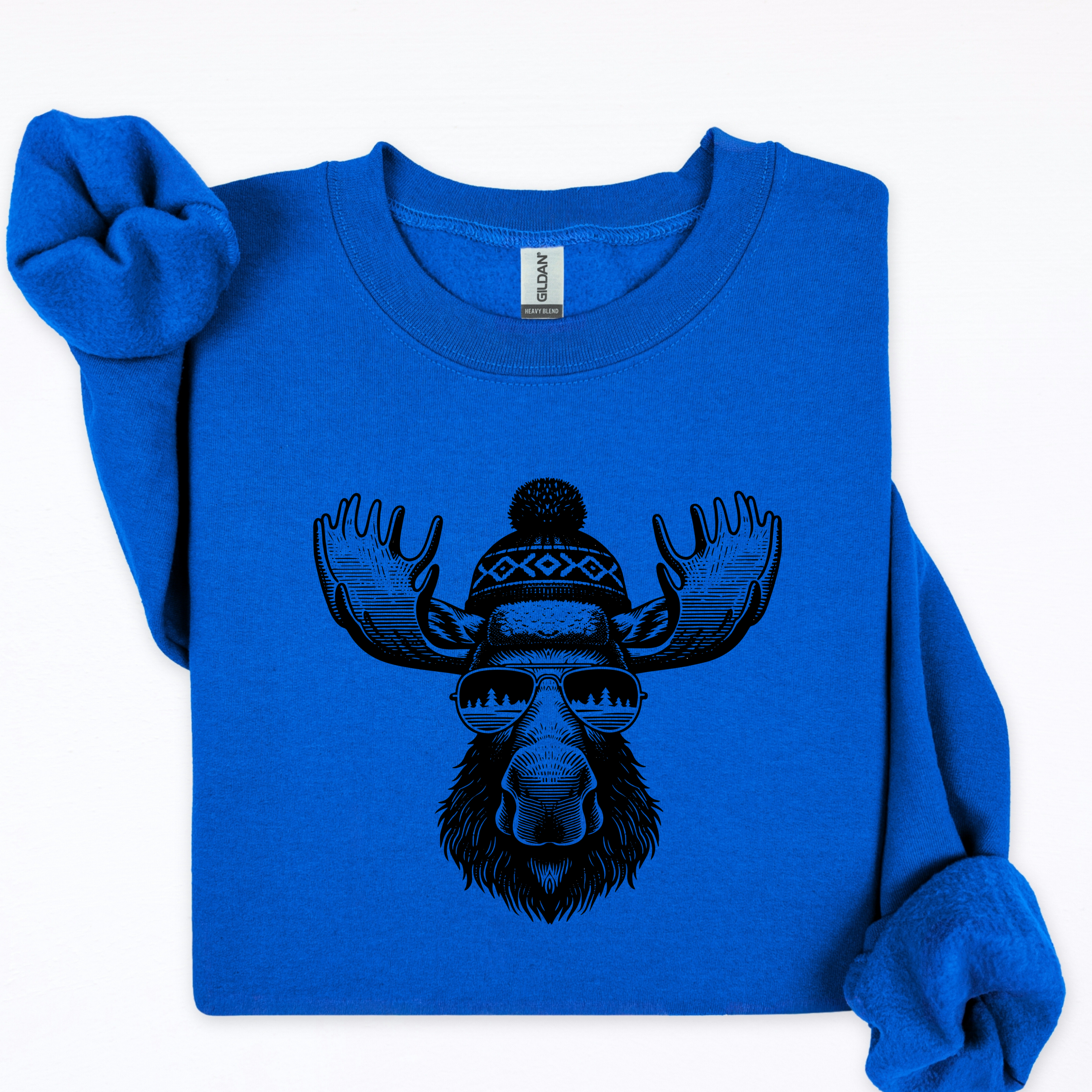 Blue sweatshirt with a moose graphic wearing sunglasses and a beanie on a white background