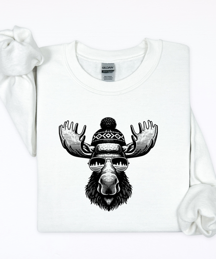 White t-shirt with a moose graphic wearing a hat and sunglasses on a white background