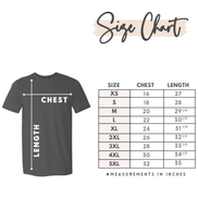 Size chart for a t-shirt with measurements in inches on a white background