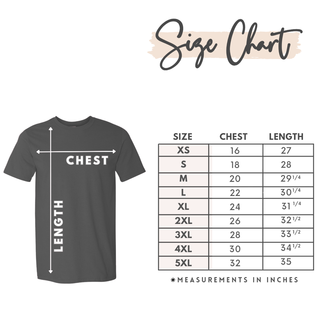 Size chart for a t-shirt with measurements in inches on a white background