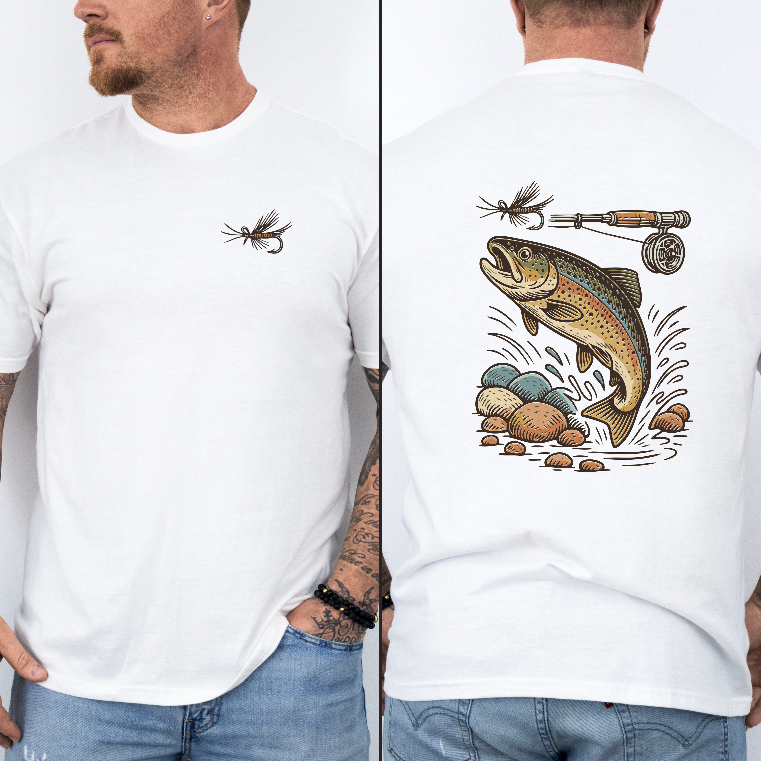 White fly fishing t-shirt with a trout and fly rod and reel