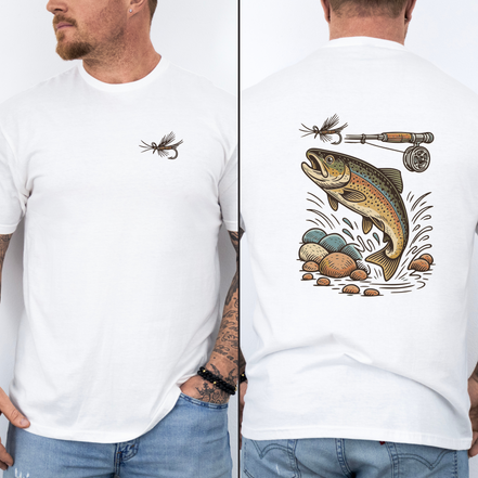 White fly fishing t-shirt with a trout and fly rod and reel