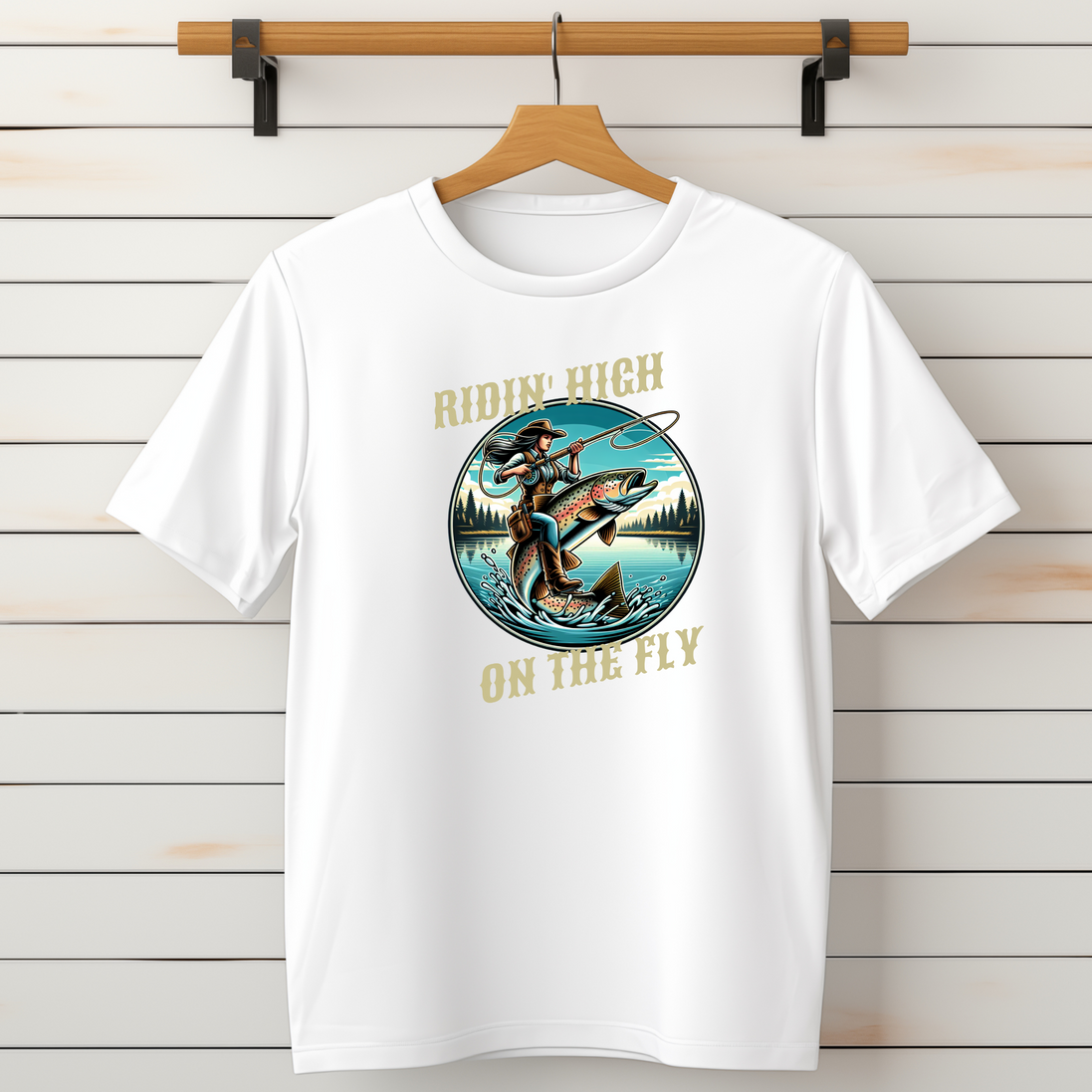 Ridin' High On The Fly Women's Fly Fishing T-Shirt - Cowgirl Trout Tee