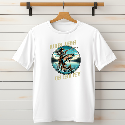 Ridin' High On The Fly Women's Fly Fishing T-Shirt - Cowgirl Trout Tee