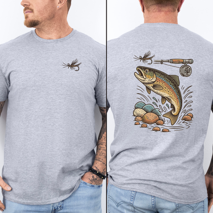 Gray color fly fishing t-shirt with a trout and fly rod and reel
