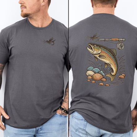 Dark gray color fly fishing t-shirt with a trout and fly rod and reel
