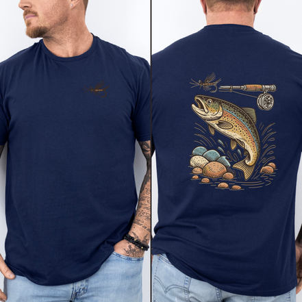 Navy fly fishing t-shirt with a trout and fly rod and reel