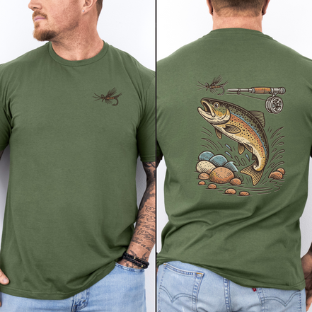 Green color fly fishing t-shirt with a trout and fly rod and reel
