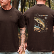 Brown fly fishing t-shirt with a trout and fly rod and reel